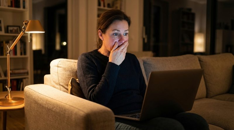 Woman on couch with laptop having an aha-moment