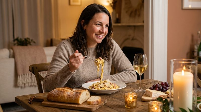 Woman enjoying dinner relaxed and happy