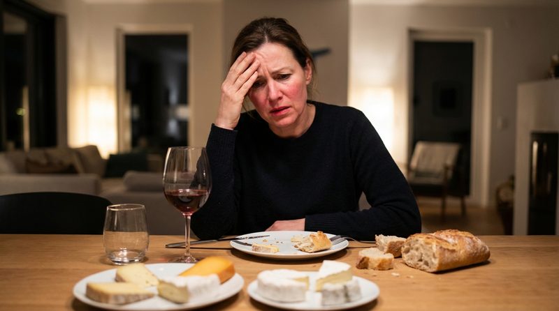 Woman experiencing discomfort after a meal — holding her head while sitting at a dinner table with cheese, bread, and wine