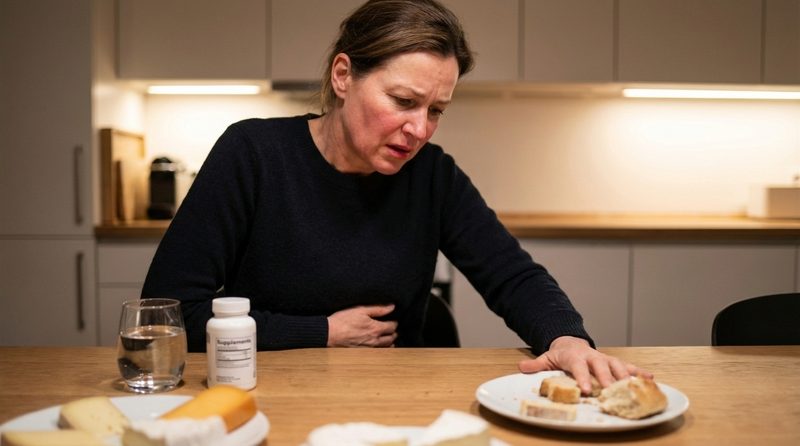 Woman experiencing stomach discomfort after taking a supplement