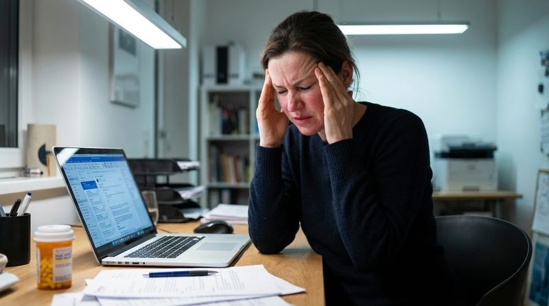 Woman at desk with persistent headache