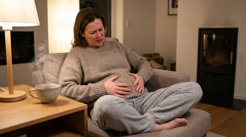 Woman on couch holding bloated stomach