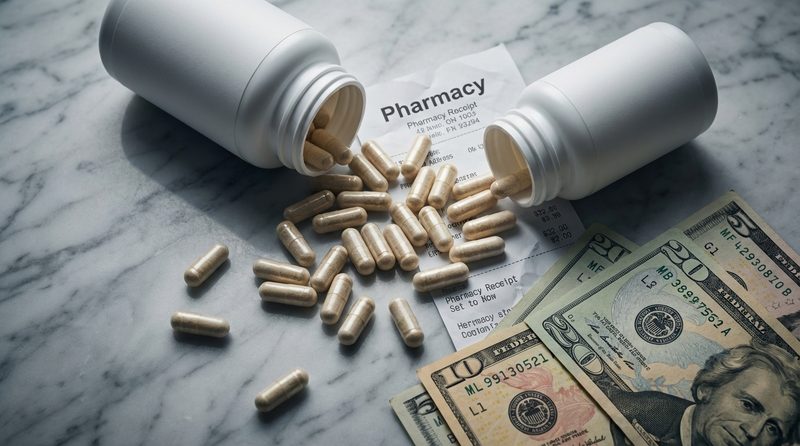 Spilled supplement capsules with receipt and money