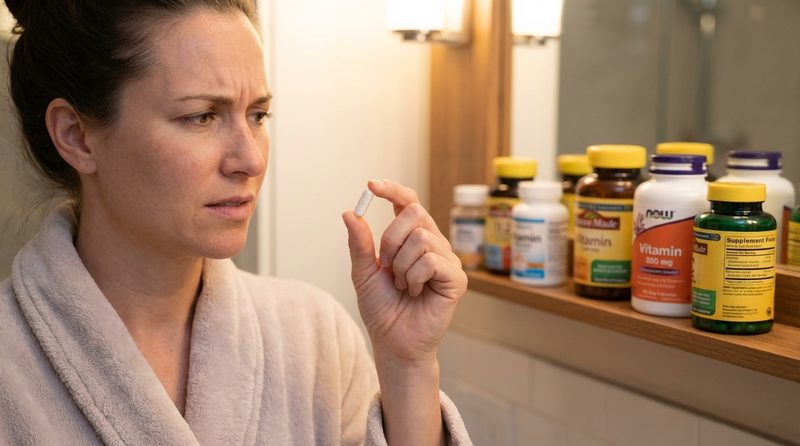 Woman looking skeptically at a supplement capsule with multiple bottles in background