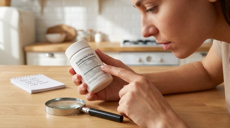 Person carefully reading supplement label with magnifying glass